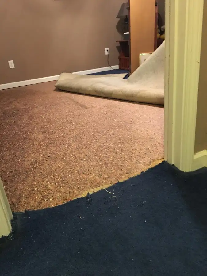 Carpet pad removal revealing water damage during Water Mitigation Services in Wantage